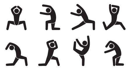 Yoga Poses Stick Figures Set Black Silhouettes on White Background,  vector illustration