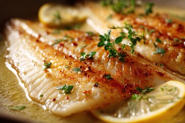 Dover Sole. British Delicacy Closeup: Cooking Delicious Fillet Dish