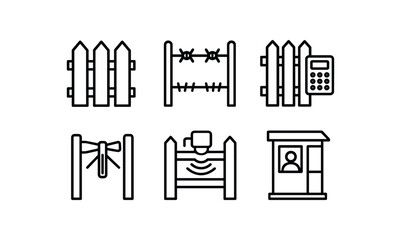 simple outline stroke icon isolated on white background fence privacy slats fence barbed wire topper fence keypad lock fence pedestrian turnstile fence motion sensor fence guard booth