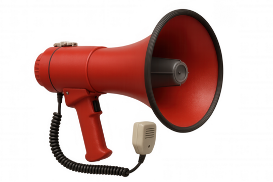 Red megaphone amplifying voice, communicating important message, announcing protest, making public announcement, speaking concept