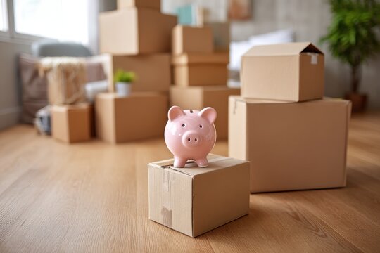 Downsizing Home. Apartment Transformation with Stacked Moving Boxes and Piggy Bank