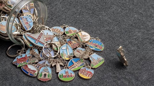 Glass jar spilled various souvenir keychains with building images onto a gray surface