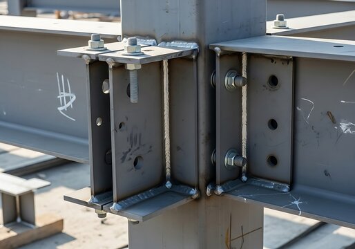 Structural steel framework exhibiting robust bolted and welded connections in modern construction site showcasing