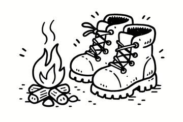 Fototapeta premium doodle illustration of pair of hiking drying by small fire clean black and white line art with slightly hand drawn strokes simple and lively style on white background