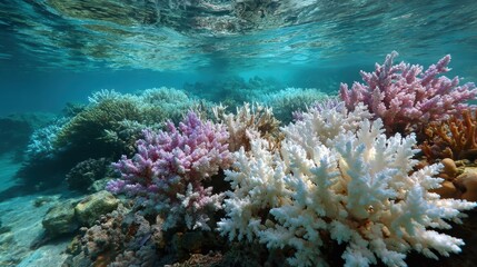 Naklejka premium Dying Coral Reef. Close Up of Bleached Coral in Endangered Underwater Ecosystem