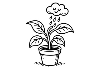 doodle illustration of plant watering itself with tiny cloud clean black and white line art with slightly hand drawn strokes simple and lively style on white background