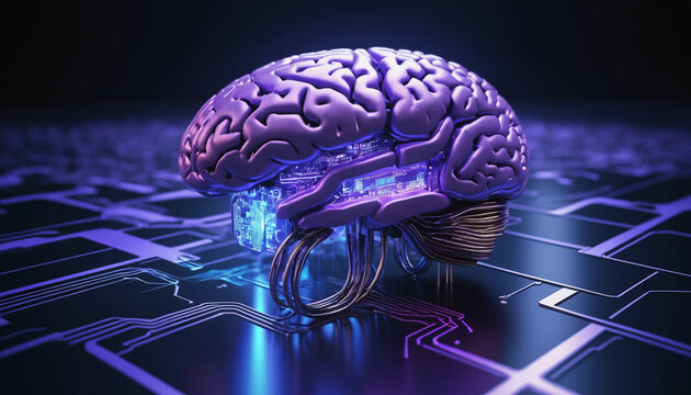 Cerveau lumineux flottant au-dessus d&rsquo;une puce &eacute;lectronique, symbole d&rsquo;intelligence artificielle et de technologie futuriste