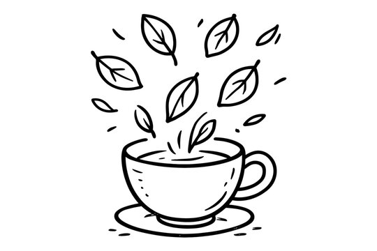 black and white tea cup with falling leaves clip art preview