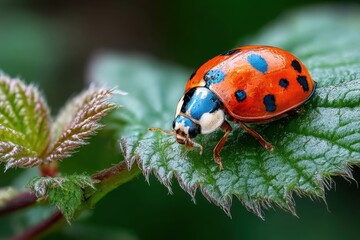 Fototapeta premium Ladybug on Green Leaf Macro Photography