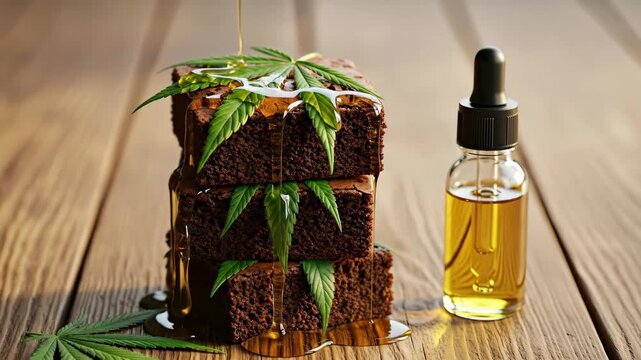 Honey pouring over cannabis brownie stack with a dropper bottle of oil on a wooden table, healthy food alternative concept.
