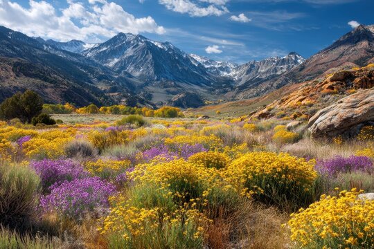 Eastern Sierra Wildflowers. Alpine Blooming Chamisa in Bright California Autumn Landscape