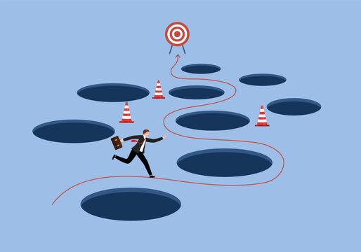 Smart businessman avoid numerous pitfalls to achieving business success. He bravely navigates past mistakes and failures, utilizing his skills and creativity to solve problems and overcome adversity