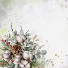 Square Christmas background or greeting card template with cotton garlands. Christmas decor. Digital illustration.