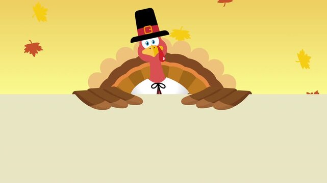Funny Pilgrim Turkey Bird Cartoon Character Rising Up
Behind Blank Sign - 4K Thanksgiving Animation Video
Motion Graphics With Autumn Background
