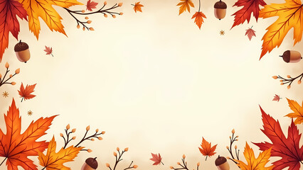 Rustic Autumn Border with Acorns and Leaves in Watercolor Style
