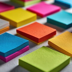 Stack of colorful sticky notes in bright tones of orange green blue and pink on a white table Concept of office organization and productivity