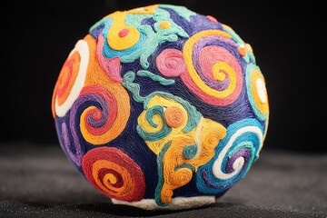 Round multicolored handmade ball decorated with swirling rainbow patterns on black background Concept of creativity and handicraft art