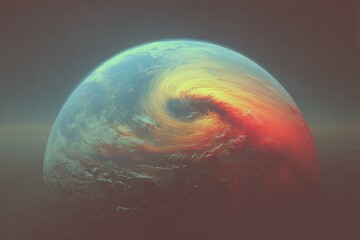 Planet with swirling storm pattern illuminated by warm and cold light gradient in outer space Concept of cosmic energy and universe power