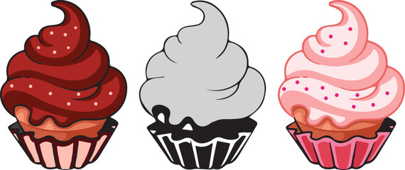 set of cupcakes. Cake hand drawn illustration design. chocolate cake, strawberry cake, cupcake white black icon  vector design