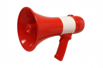 Red megaphone amplifying voice, making announcement, conveying important message, or protesting, on transparent background