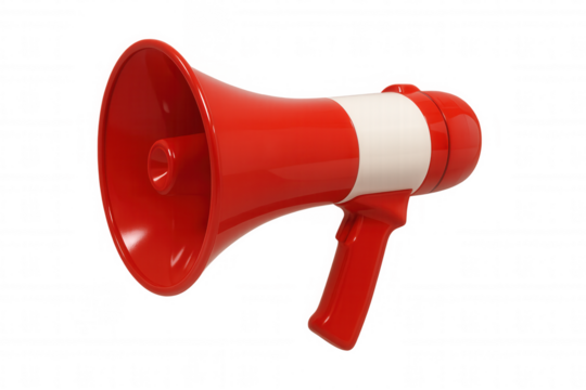 Red megaphone amplifying voice, making announcement, conveying important message, or protesting, on transparent background