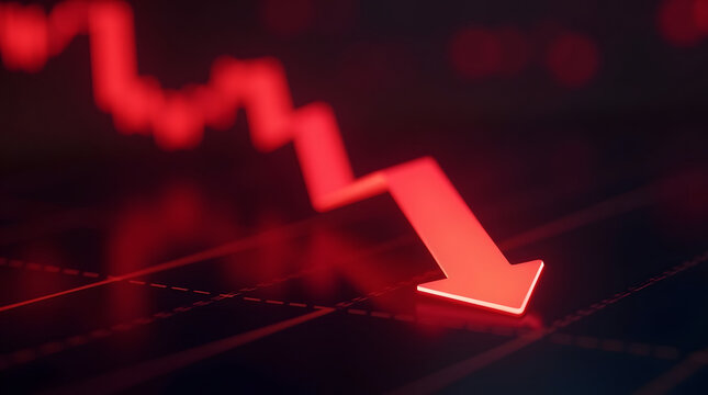 Futuristic 3D glowing red financial chart descending sharply with cinematic lighting and digital reflections, symbolizing market crash and decline. AI Generated.