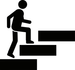 Man step on stair. Progress and growth concept. Achievement, development, success, goal, motivation. Monochrome vector icon for infographic, graphic design, presentation