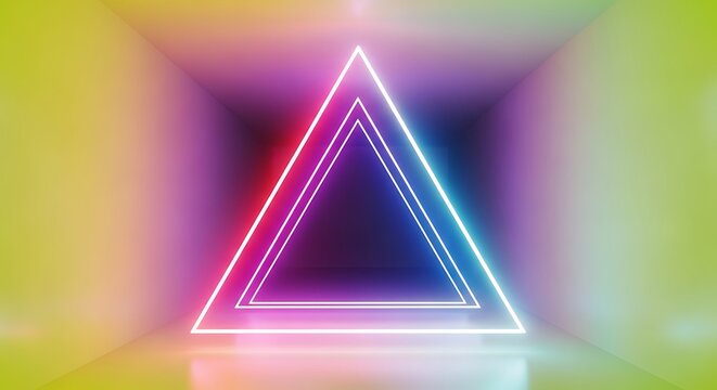Illuminated neon triangle portal in a gradient tunnel