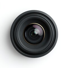 Black camera lens isolated on white background, showcasing its intricate design and optical capabilities