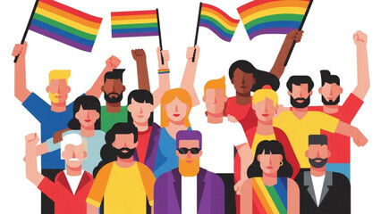 Diverse group of people celebrating pride holding rainbow flags and raising fists in the air at a parade showing support and solidarity for LGBTQ rights.
