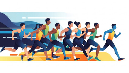 Diverse group of runners sprinting down the road during a marathon race, showcasing teamwork and determination with vibrant colors and dynamic motion.
