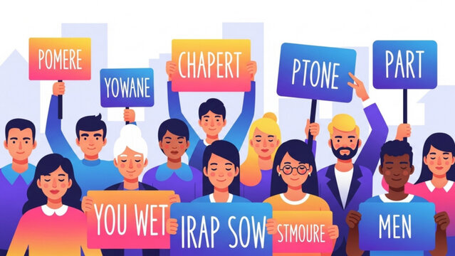 Diverse group of people protesting with signs in a public square, advocating for social justice and equality with determination and hope.