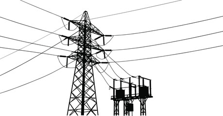 High voltage electricity transmission tower with power substation silhouette, industrial energy infrastructure vector illustration for electric distribution and renewable power grid system