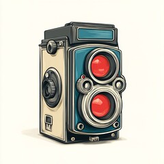 Illustration of a vintage twin lens reflex camera isolated on white background, capturing the essence of retro photography