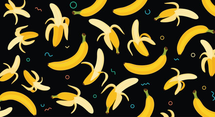 A delightful pattern of yellow bananas on a black background.