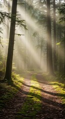 Obraz premium Sun rays shining through the trees in a forest, creating a mystical and enchanting atmosphere in the woods during the day