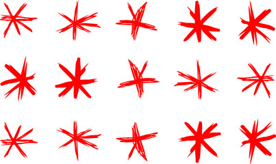 Fototapeta premium Abstract pattern of hand-drawn red asterisks arranged in neat rows on a white background, creating a playful and artistic modern texture design. 