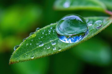 Large Water Droplet Reflecting Blue Sky on Green Leaf
