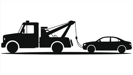 Tow Truck Towing Broken Car Silhouette Vector Clip Art: Black & White Roadside Assistance Vehicle Recovery Icon | Auto Service Disabled Car Tow Minimalist Graphic for Design, Roadside Help, Automotive