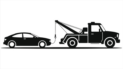 Tow Truck Assistance: Black Silhouette of a Breakdown Recovery Vehicle Towing a Damaged Car - Roadside Help, Vehicle Transport, Emergency Service Illustration