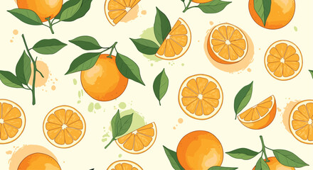 Obraz premium A vibrant pattern featuring whole and sliced oranges with fresh green leaves.