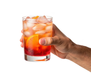 Hand holding a negroni cocktail isolated on transparent background, refreshing drink
