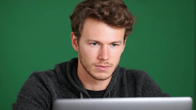 Focused Contemplation: A man engrossed in his laptop, his brow furrowed in concentration, surrounded by a vibrant green backdrop, reflecting on the pursuit of knowledge.