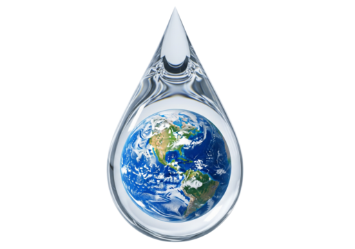 Isolated Planet Earth globe in a clear water drop representing importance of water resources