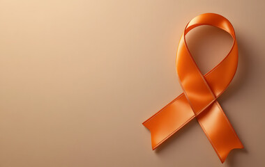 A vibrant orange satin ribbon, gracefully formed into an awareness symbol, elegantly placed on the right side of a monochromatic dark yellow background with a soft gradient. 