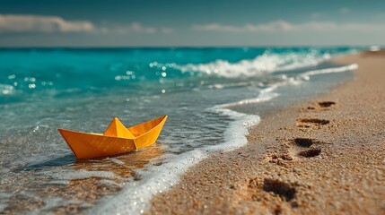 Single yellow paper boat rests on the golden sand of a beautiful beach, with the turquoise ocean softly blurred in the background.