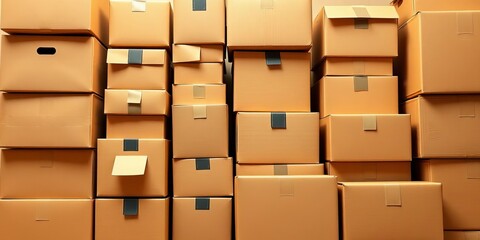 Neatly stacked cardboard boxes of various sizes, freight, boxes