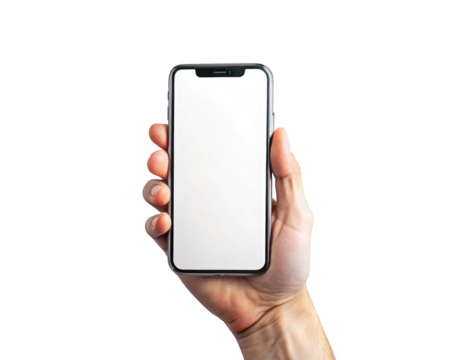 Hand holding a smartphone with blank screen isolated on transparent background