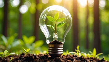 Green Energy Concept with Plant Growing Inside Light Bulb.