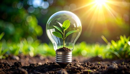 Green Energy Concept with Plant Growing Inside Light Bulb.